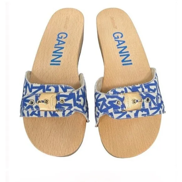 Ganni x Dr. Scholl's Blue Logo Canvas Original Clog Wooden Sandals Boho 9 NEW