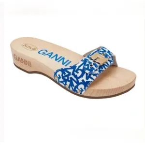 Ganni x Dr. Scholl's Blue Logo Canvas Original Clog Wooden Sandals Boho 9 NEW