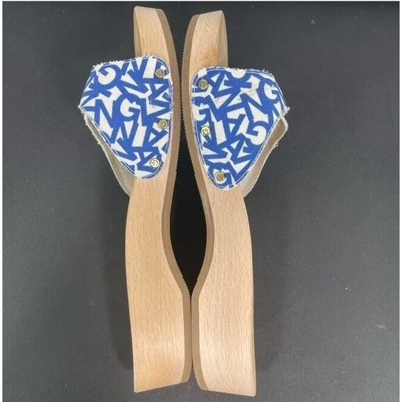 Ganni x Dr. Scholl's Blue Logo Canvas Original Clog Wooden Sandals Boho 9 NEW