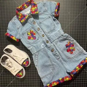 GB Girls denim romper girl size S ,7/8, Autism Awareness,youth girl shoes size 1