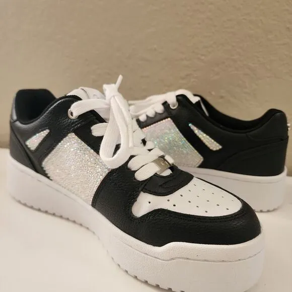 GBG Custom rhinestone bling shoes sneakers lace up low top black white leather