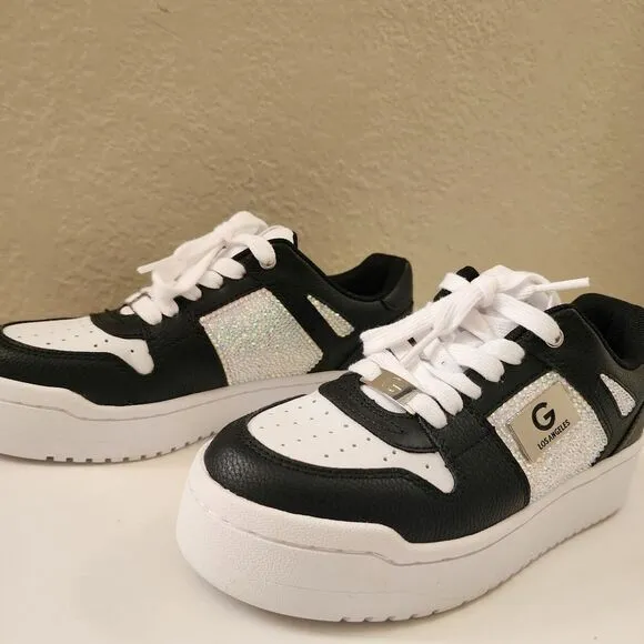 GBG Custom rhinestone bling shoes sneakers lace up low top black white leather