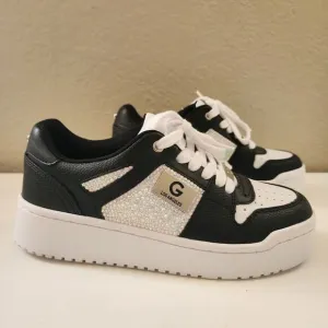 GBG Custom rhinestone bling shoes sneakers lace up low top black white leather