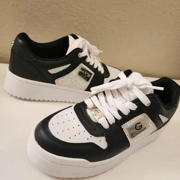 GBG Custom rhinestone bling shoes sneakers lace up low top black white leather