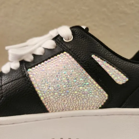GBG Custom rhinestone bling shoes sneakers lace up low top black white leather
