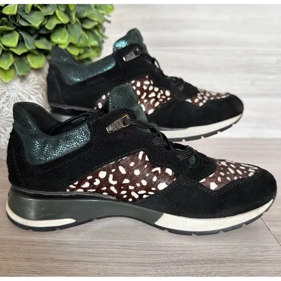 GEOX Respira Shahira Sneakers Teal Glitter/Black Suede/Calf Hair US 5/EUR 35