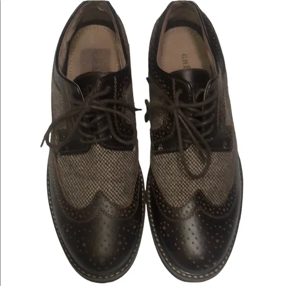 GH Bass Co Mens Bremmer Wingtip Oxford Dress Shoes Brown Herringbone Leather 9D.