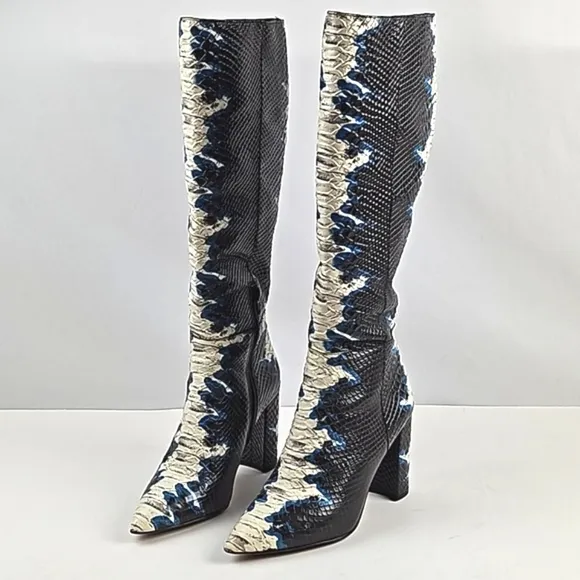 Gianni Bini Kellbie Leather Snake Embossed Black Cream Blue Heeled Tall Boot