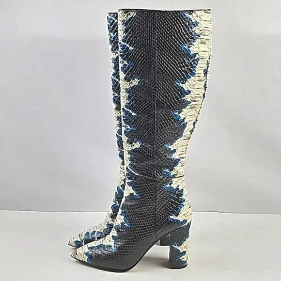Gianni Bini Kellbie Leather Snake Embossed Black Cream Blue Heeled Tall Boot