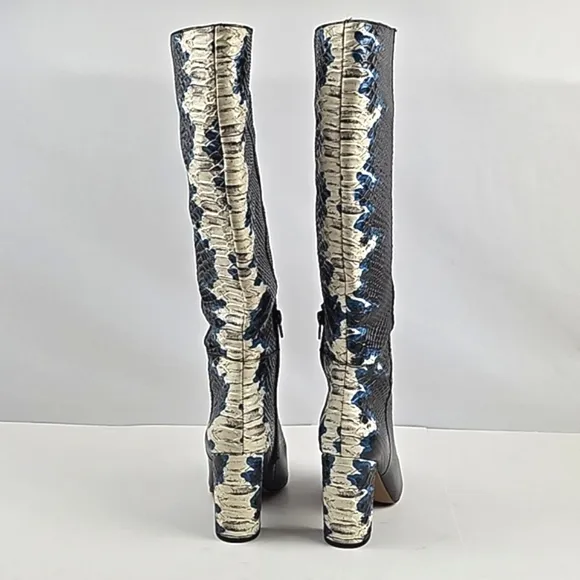 Gianni Bini Kellbie Leather Snake Embossed Black Cream Blue Heeled Tall Boot