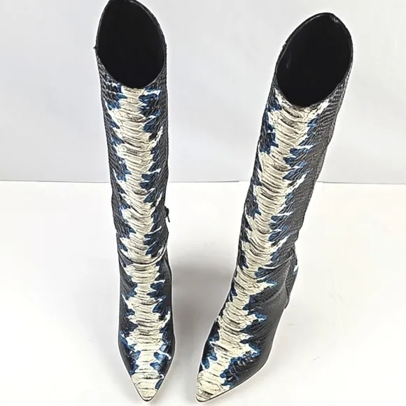 Gianni Bini Kellbie Leather Snake Embossed Black Cream Blue Heeled Tall Boot
