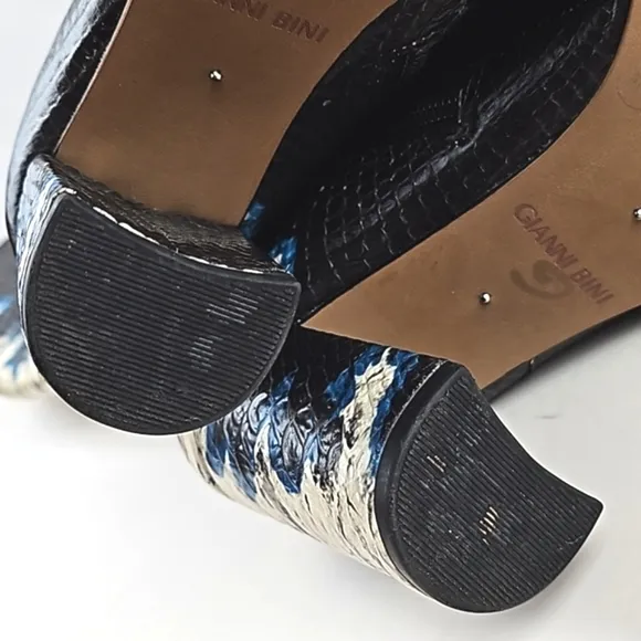 Gianni Bini Kellbie Leather Snake Embossed Black Cream Blue Heeled Tall Boot