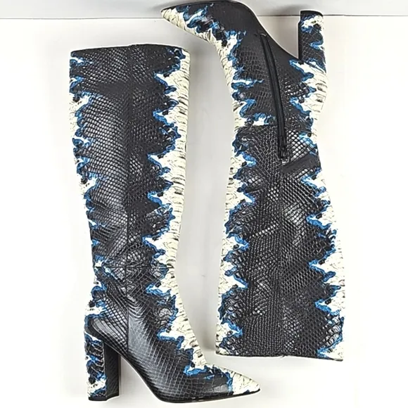 Gianni Bini Kellbie Leather Snake Embossed Black Cream Blue Heeled Tall Boot