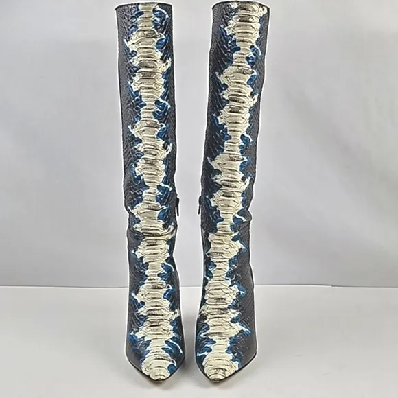 Gianni Bini Kellbie Leather Snake Embossed Black Cream Blue Heeled Tall Boot