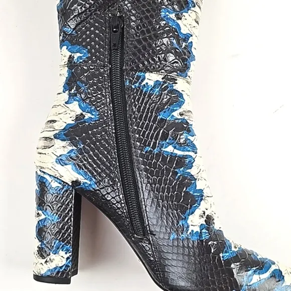 Gianni Bini Kellbie Leather Snake Embossed Black Cream Blue Heeled Tall Boot