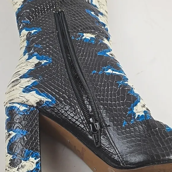 Gianni Bini Kellbie Leather Snake Embossed Black Cream Blue Heeled Tall Boot