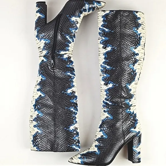 Gianni Bini Kellbie Leather Snake Embossed Black Cream Blue Heeled Tall Boot