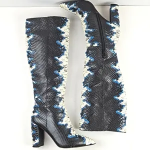 Gianni Bini Kellbie Leather Snake Embossed Black Cream Blue Heeled Tall Boot