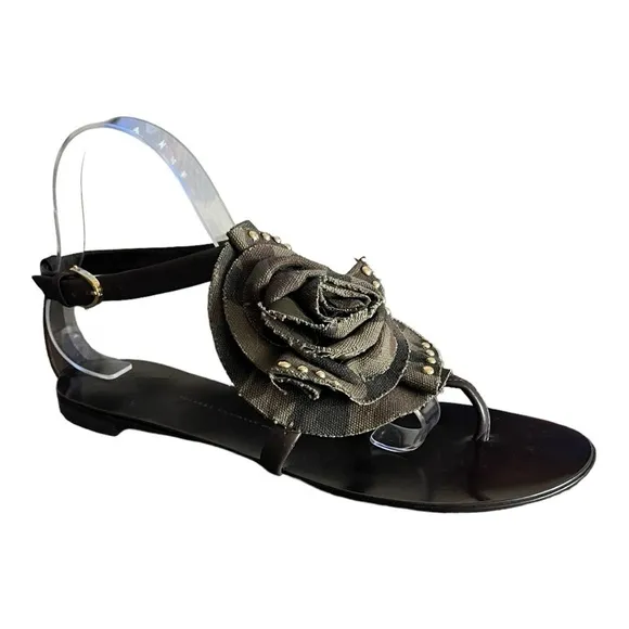 Giuseppe Zanotti Saragein Flat Boho Thong Sandals Camo Jeweled Rosette Size 10B