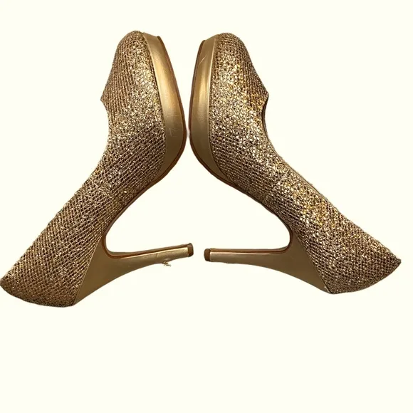 Gold Glitter Sparkly High Heeled Platform Pumps CD size 9M