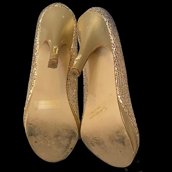 Gold Glitter Sparkly High Heeled Platform Pumps CD size 9M