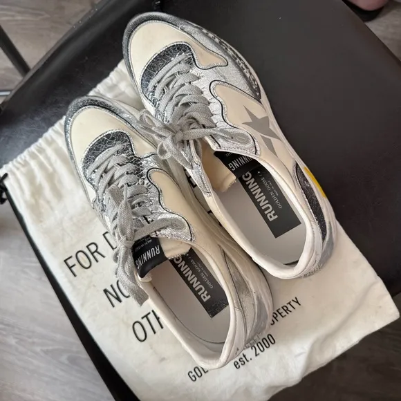 Golden Goose White and Silver Running Sneakers