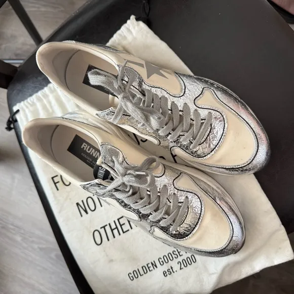 Golden Goose White and Silver Running Sneakers