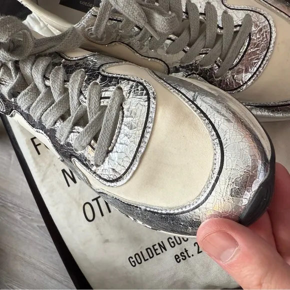 Golden Goose White and Silver Running Sneakers