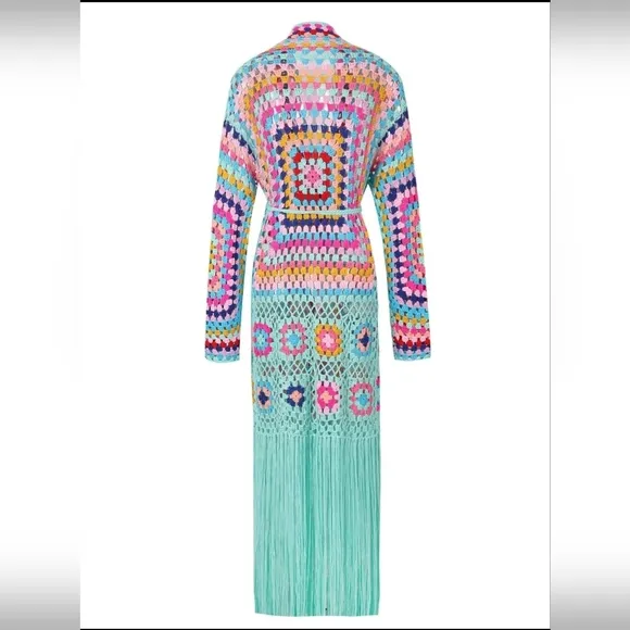 💥Gorgeous Colorful Boho Long Hand Crocheted Fringe Cardigan