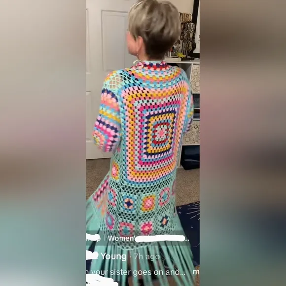 💥Gorgeous Colorful Boho Long Hand Crocheted Fringe Cardigan