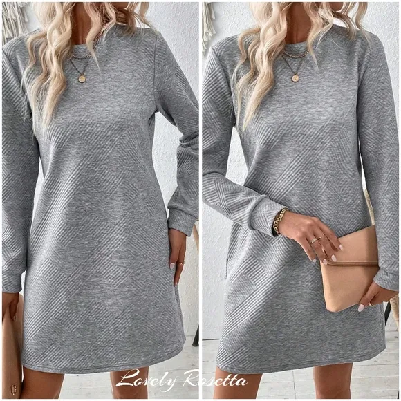 Grey Round Neck Textured Mini Dress