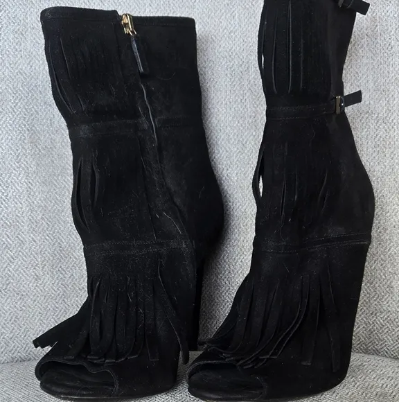 Gucci Black Fringe Becky Open Toe Ankle Boots