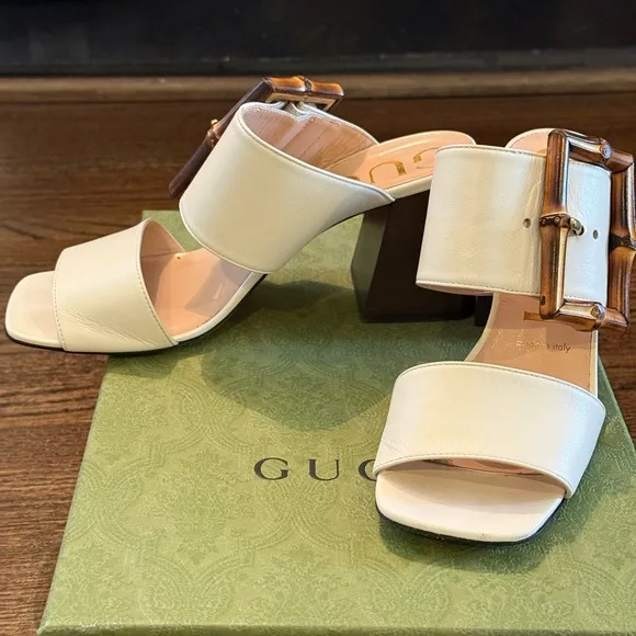 Gucci White Leather Sandals with Bamboo Buckle