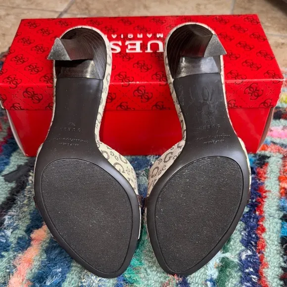 Guess Cream and Brown High-Heeled Mules with Monogram Pattern SZ 7.5