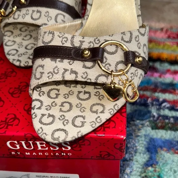 Guess Cream and Brown High-Heeled Mules with Monogram Pattern SZ 7.5