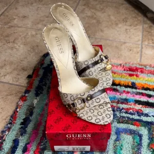 Guess Cream and Brown High-Heeled Mules with Monogram Pattern SZ 7.5