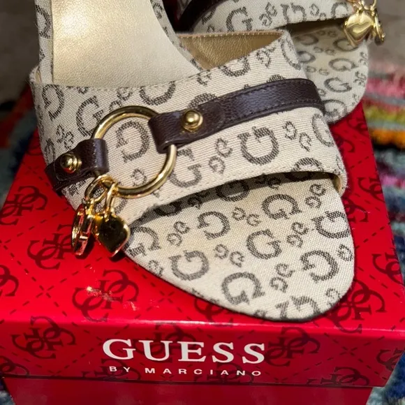 Guess Cream and Brown High-Heeled Mules with Monogram Pattern SZ 7.5