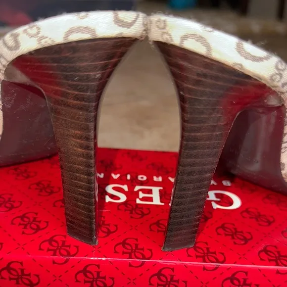 Guess Cream and Brown High-Heeled Mules with Monogram Pattern SZ 7.5