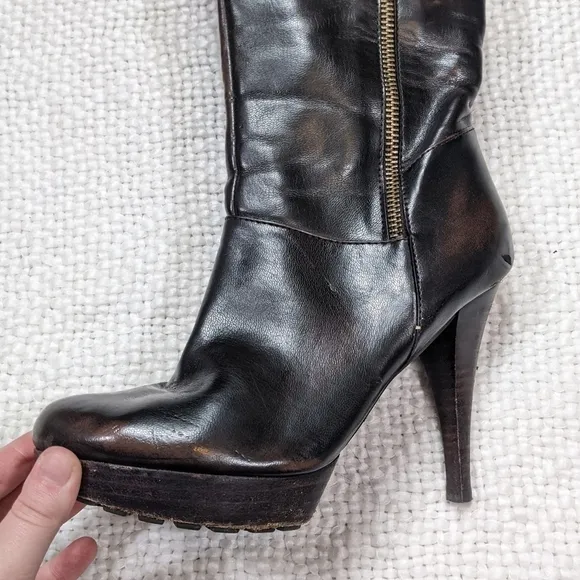 Guess GW Albright Bronze Knee-High Platform Patent Leather Heeled Boots Size 6.5