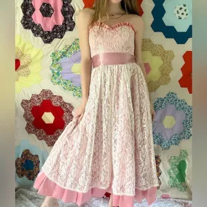 Gunne Sax Vintage Pink Satin Lace Sleeveless Dress