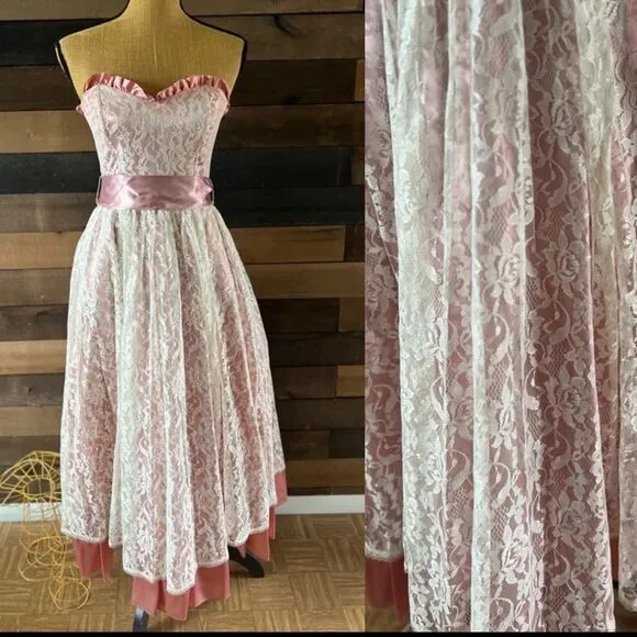 Gunne Sax Vintage Pink Satin Lace Sleeveless Dress