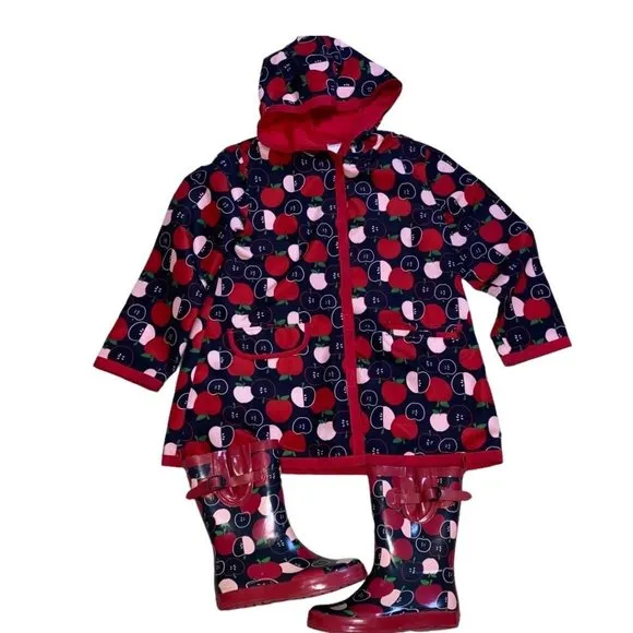 Gymboree Vintage Apple Print Raincoat (Sz 5/6) &amp; Boots (Sz 12) Set