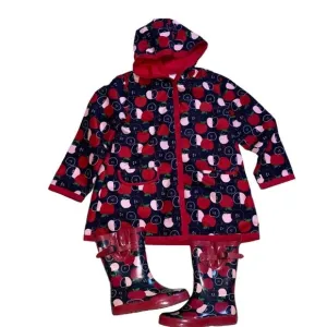 Gymboree Vintage Apple Print Raincoat (Sz 5/6) &amp; Boots (Sz 12) Set