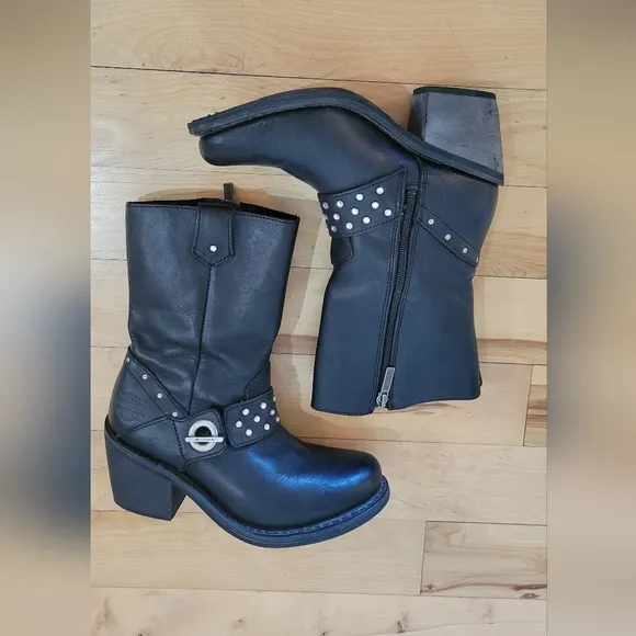 Harley-Davidson Macie Studded 8&quot; Black Leather Boots With 2.65&quot; Heel.