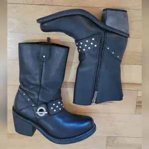Harley-Davidson Macie Studded 8&quot; Black Leather Boots With 2.65&quot; Heel.