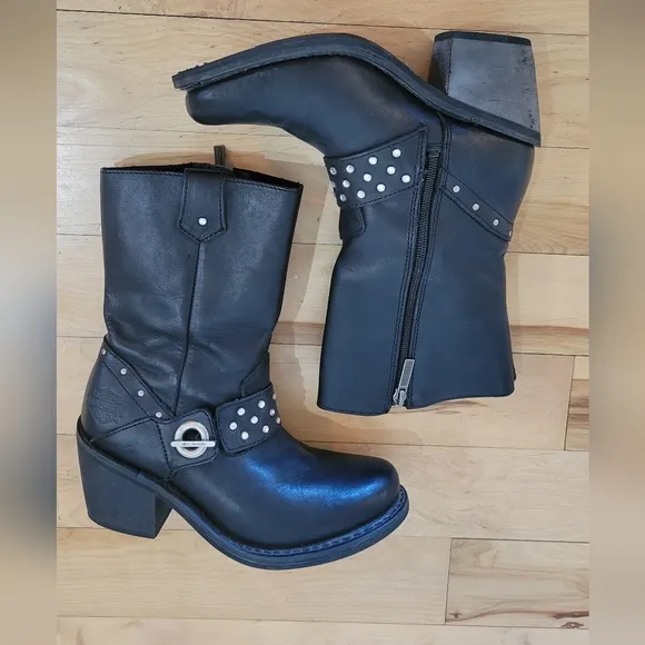 Harley-Davidson Macie Studded 8&quot; Black Leather Boots With 2.65&quot; Heel.