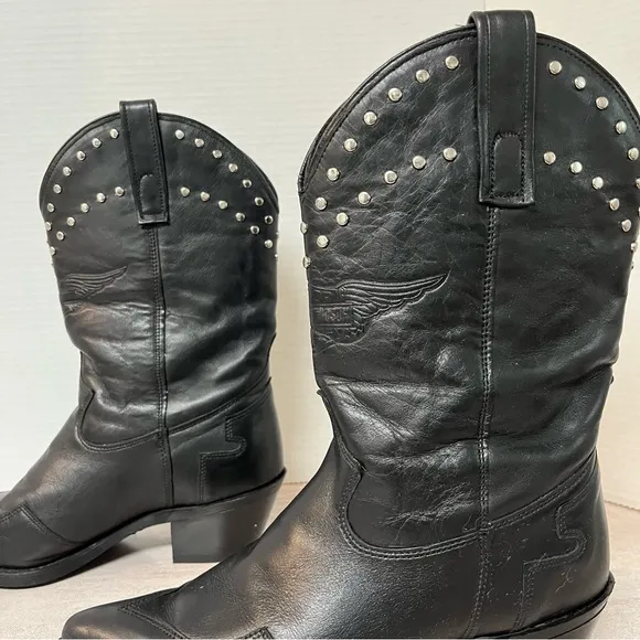 Harley Davidson Western Vintage Silver Studded Black Leather Cowgirl Boots