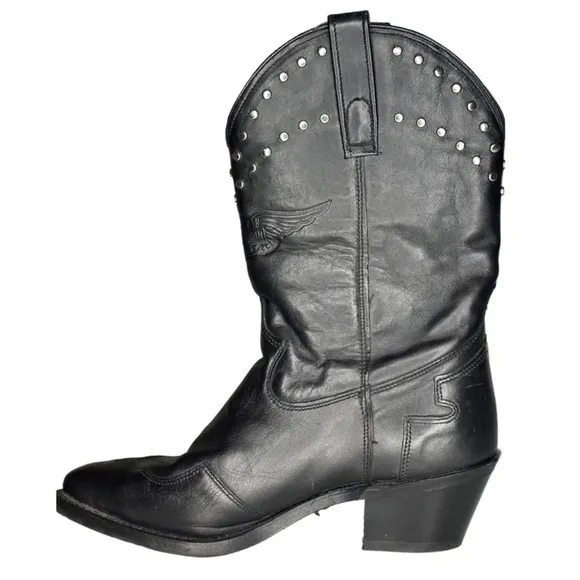 Harley Davidson Western Vintage Silver Studded Black Leather Cowgirl Boots