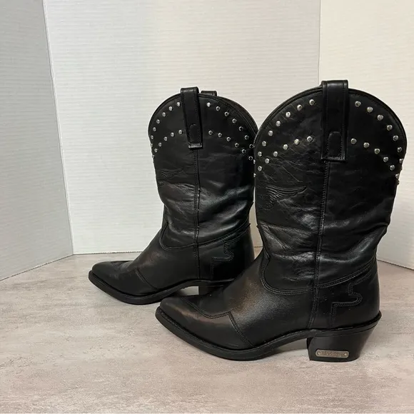 Harley Davidson Western Vintage Silver Studded Black Leather Cowgirl Boots