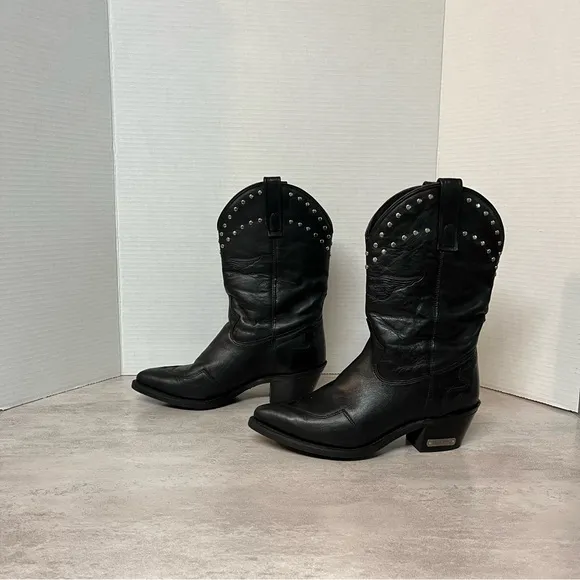 Harley Davidson Western Vintage Silver Studded Black Leather Cowgirl Boots